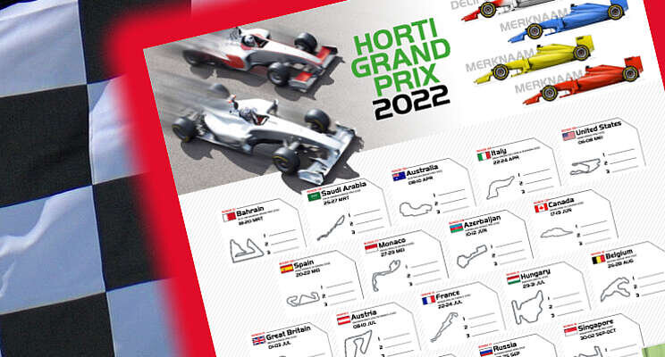 Horti Grand Prix poster 2022: reserveer jouw auto, vlag of helm!